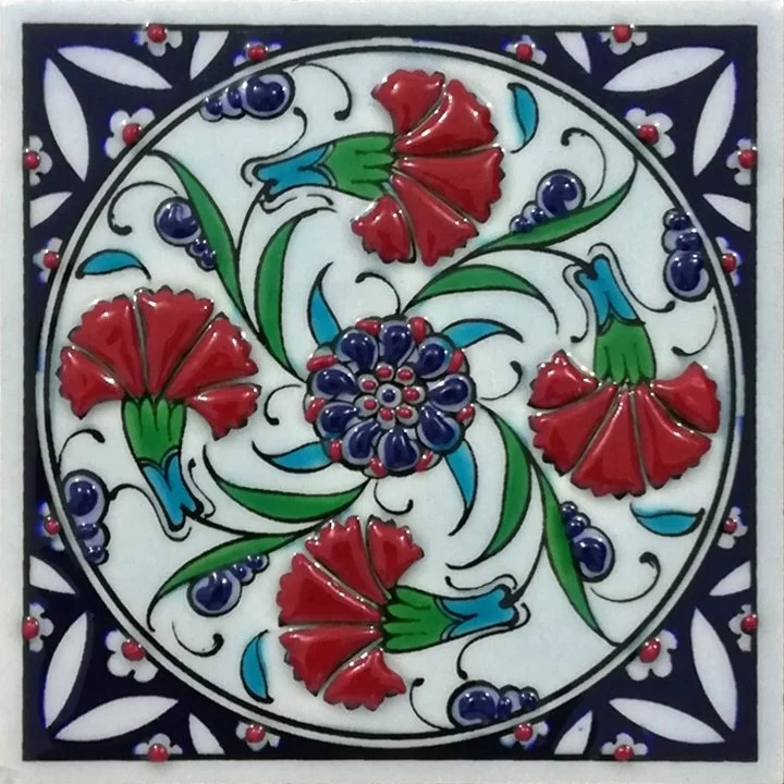 10x10 Cm Dörtlü Karanfil İznik El Dekoru Çini Pano