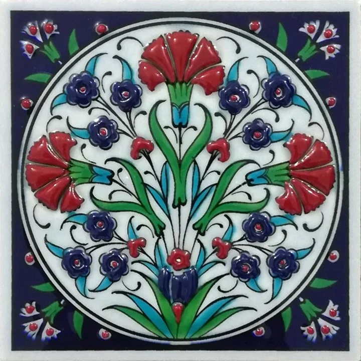 10x10 Cm Üç Karanfil Kütahya El Dekoru Çini Pano