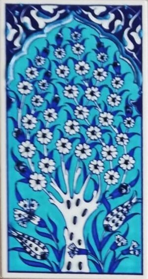 10x20 Cm Turkuaz Hayat Ağacı El Dekoru Çini Karo