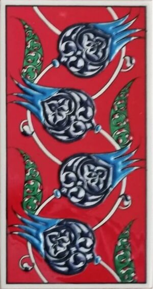 10x20 Cm Kırmızı Nar Çiçekli El Dekoru Çini Karo