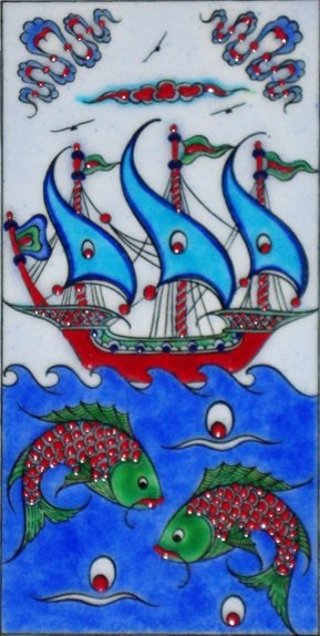 10x20 Cm Kırmızı İznik Kalyon El Dekoru Çini Karo
