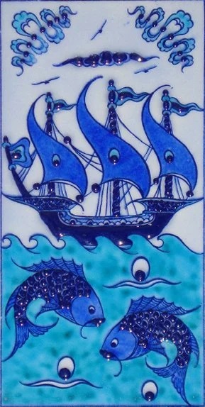 10x20 Cm Mavi İznik Kalyon El Dekoru Çini Karo