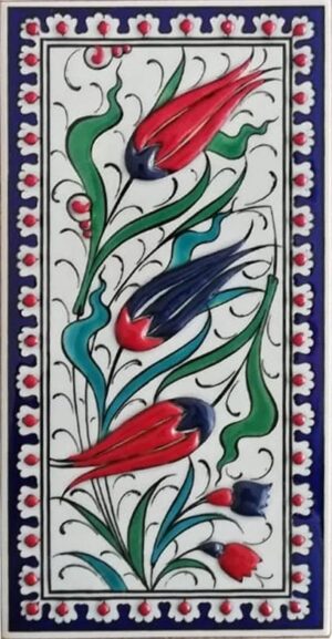 10x20 Cm  Kobalt Üç lale El Dekoru Çini Karo