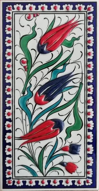 10x20 Cm Kobalt Üç lale El Dekoru Çini Karo