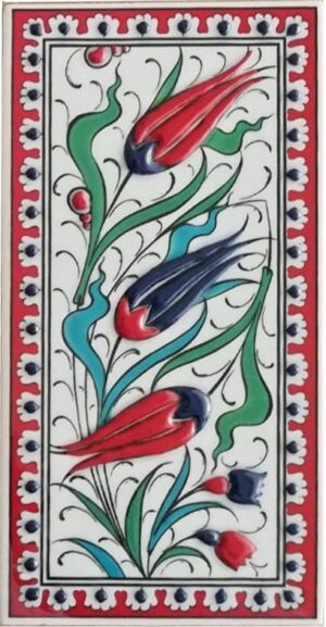 10x20 Cm  Kırmızı Üç lale El Dekoru Çini Karo