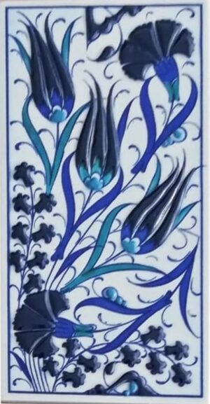10x20 Cm  Üç Lale Mavi Beyaz El Dekoru Çini