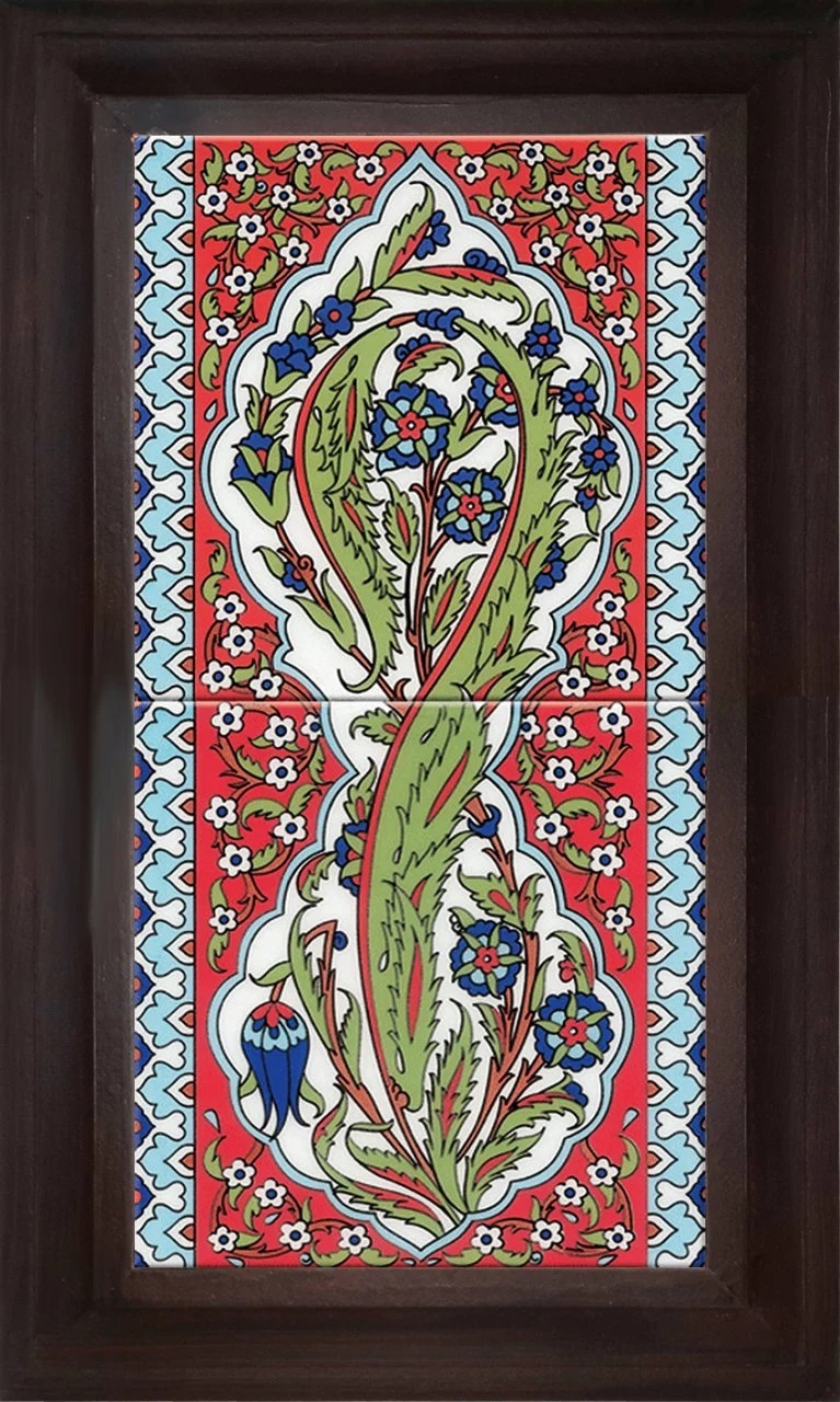 20x40 Cm Kırmızı Kıvrık Yaprak El Dekoru Çini Pano