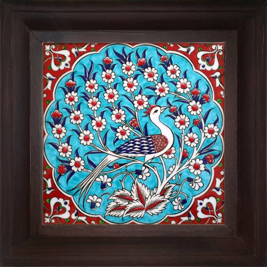 20x20 Cm Turkuaz Tavus Kuşu Kütahya Çini Pano