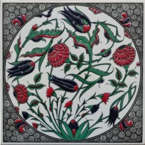 20x20 Cm Oval Lale Karanfil El Dekoru Çini Pano