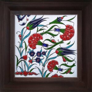 20x20 Cm Çift Lale Karanfil İznik Kütahya Çini Pano