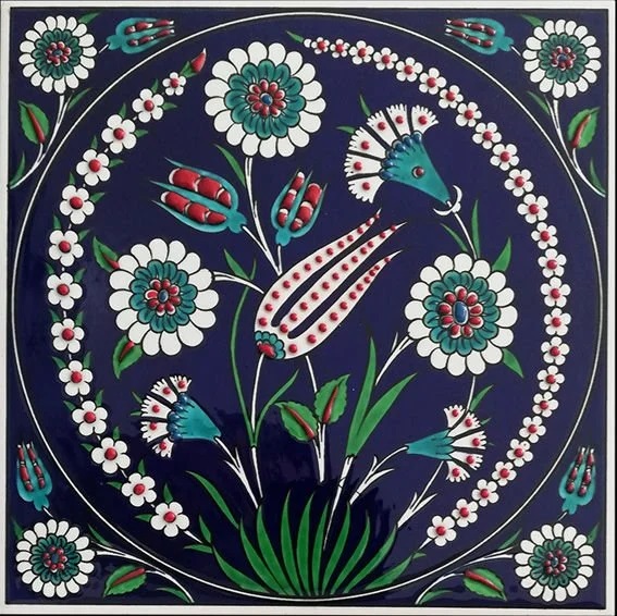 20x20 Cm Kobalt Lale Desenli El Dekoru Çini karo