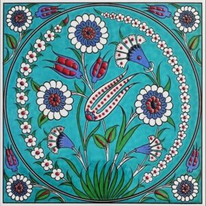 20x20 Cm  Turkuaz Lale Desenli El Dekoru Çini karo