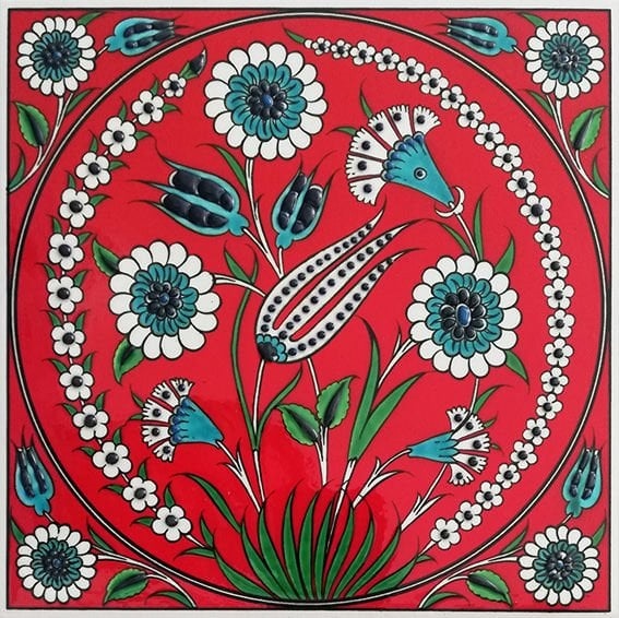 20x20 Cm Kırmızı Lale Desenli El Dekoru Çini karo