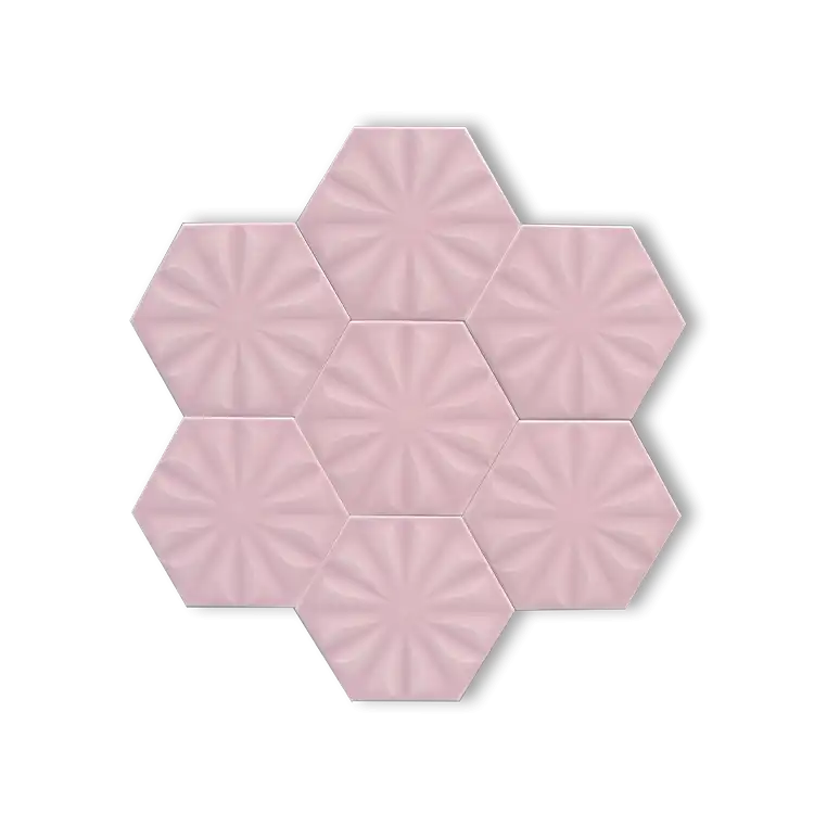 Açık Pembe Çiçek Desenli Altıgen Çini Seramik