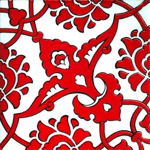 20x20 Cm Kırmızı Beyaz İznik Rumi Desenli Çini Karo