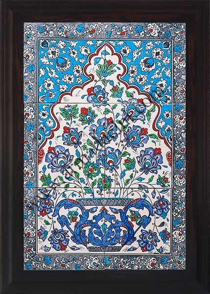 40x60 Cm Mavi Saksılı El Dekoru Çini Pano